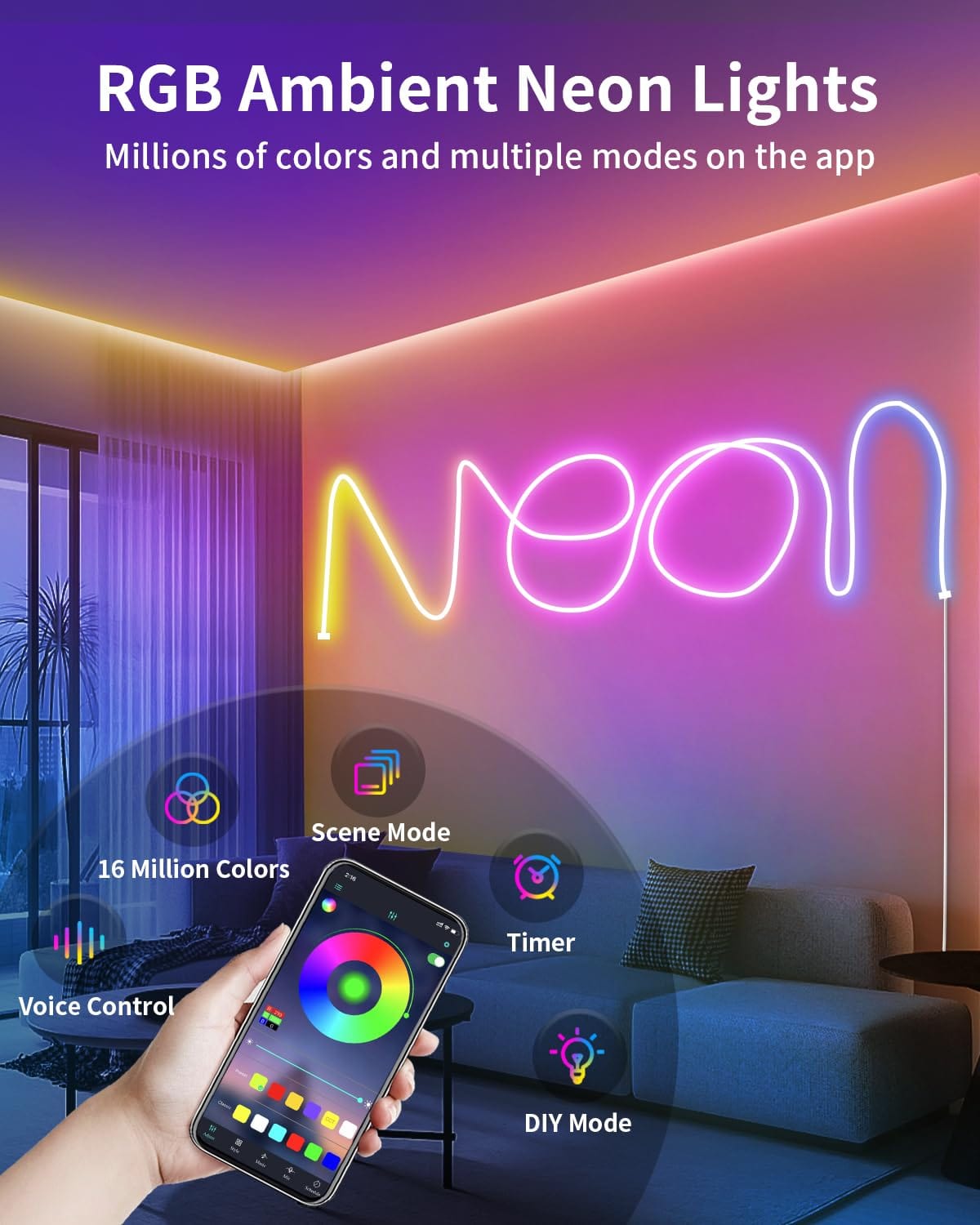 Neon LED Strip Lights 16.4ft Smart LED Rope Lights with App & Remote Control, IP67 Waterproof & Music Sync Gaming RGB Neon Strip Lights for Bedroom Indoor ZOOBERS