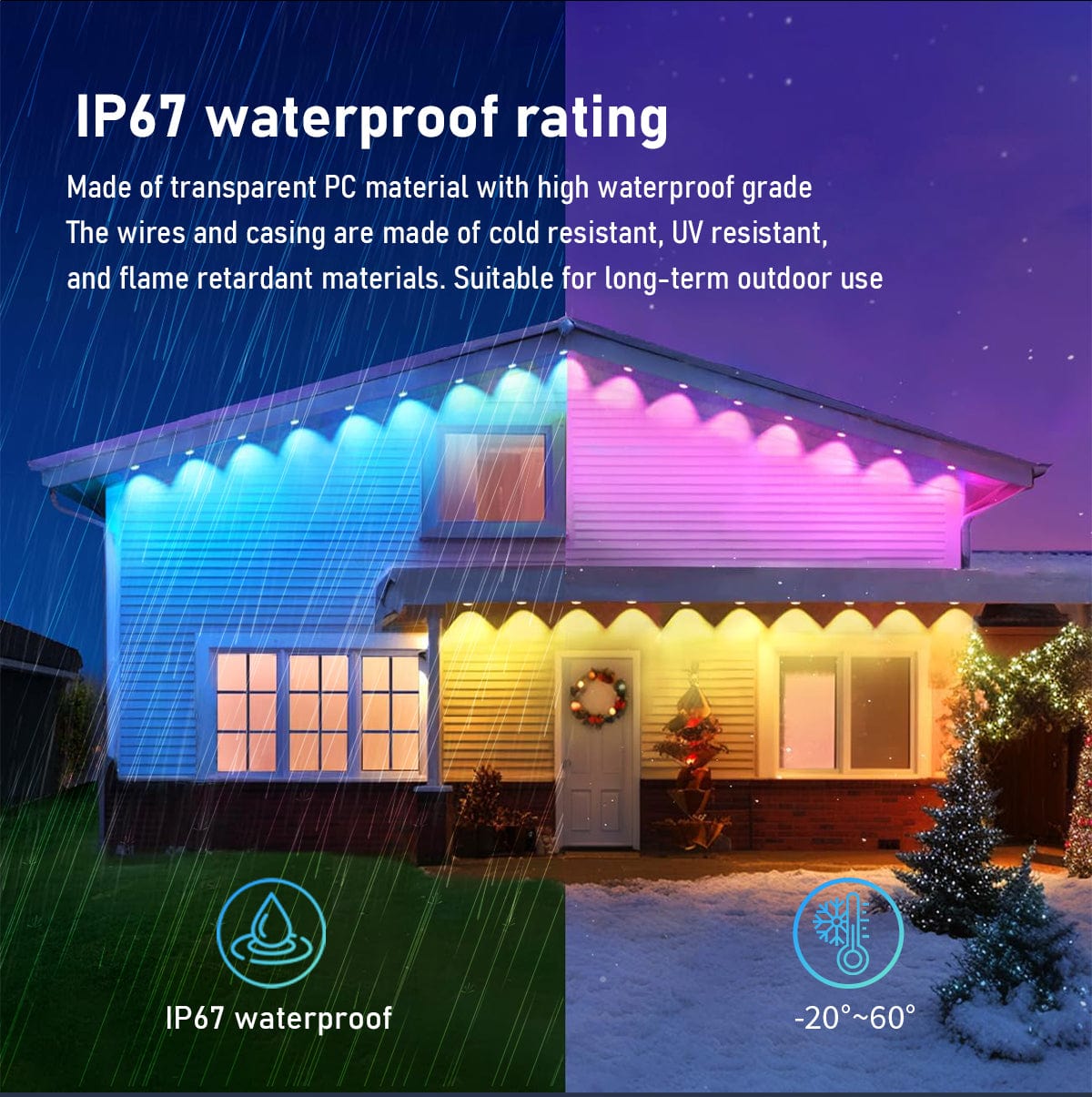Permanent Outdoor Lights 48 ft/14.5 m RGBIC LED String, 20 LED Warm White Eave Lights, Remote Control - IP67 Waterproof with 75 Scene Modes for Outdoor Decorations ZOOBERS