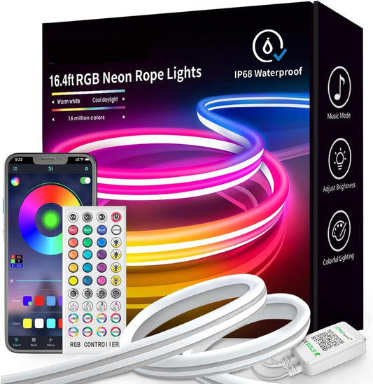 Neon LED Strip Lights 16.4ft Smart LED Rope Lights with App & Remote Control, IP67 Waterproof & Music Sync Gaming RGB Neon Strip Lights for Bedroom Indoor ZOOBERS