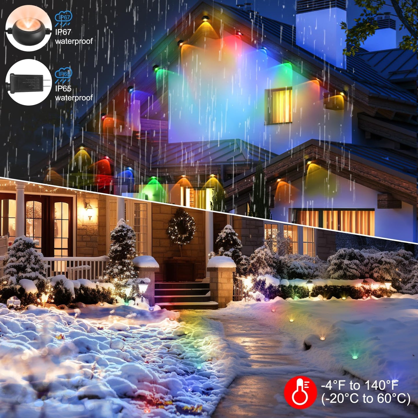 Permanent Outdoor Lights 48 ft/14.5 m RGBIC LED String, 20 LED Warm White Eave Lights, Remote Control - IP67 Waterproof with 75 Scene Modes for Outdoor Decorations ZOOBERS